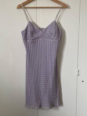 90s Rimini Babydoll Crochet Beaded Lilac Cocktail Dress Fairy, Size 12